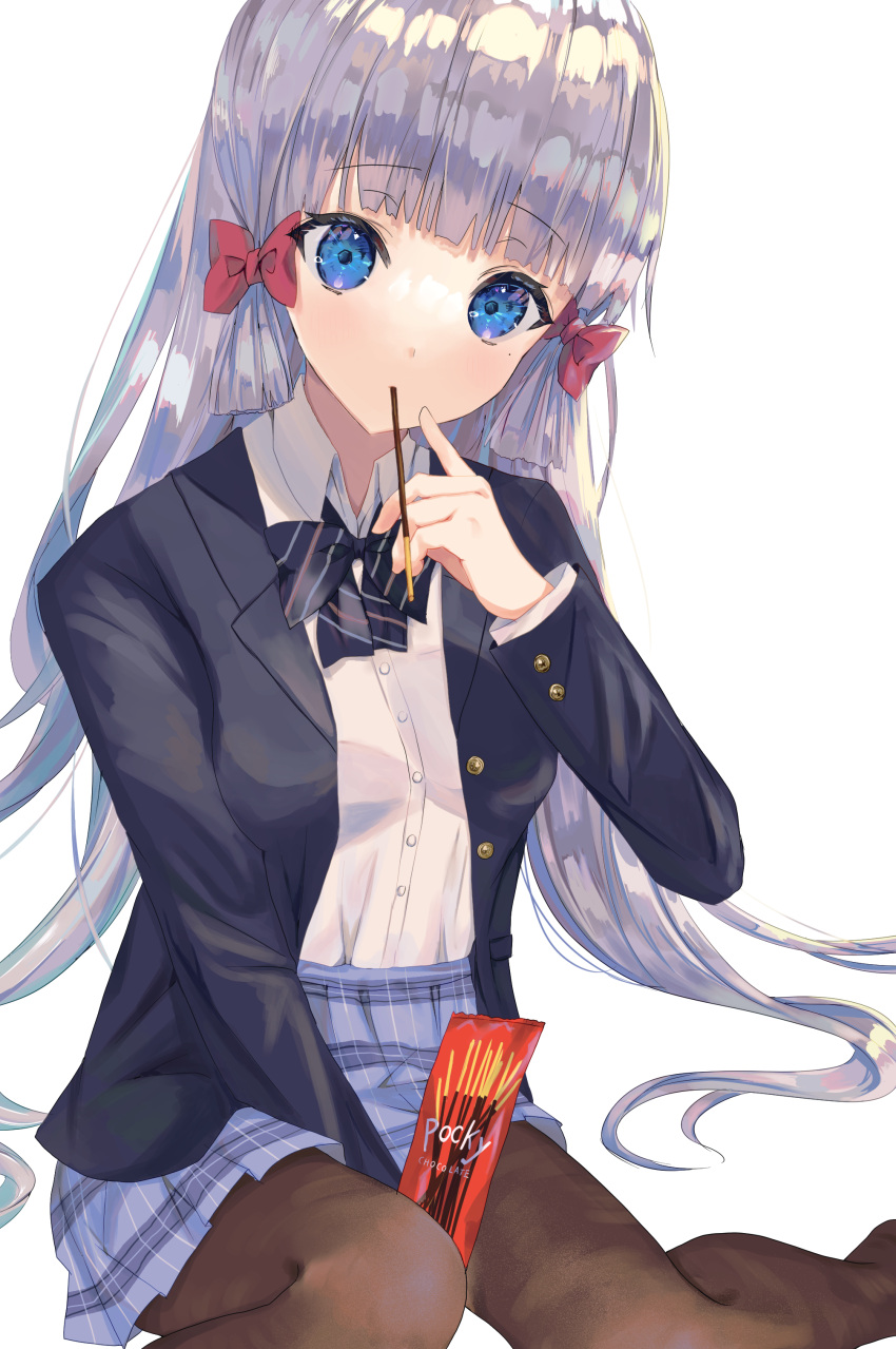 1girl absurdres alternate_costume black_pantyhose blazer blue_eyes blunt_bangs bow bowtie commentary_request contemporary eating genshin_impact grey_hair hair_bow hair_ribbon highres index_finger_raised isuzu_(an_icy_cat) jacket kamisato_ayaka long_hair long_sleeves looking_at_viewer mouth_hold pantyhose plaid plaid_skirt pocky_day pointing pointing_at_self ponytail revision ribbon school_uniform sidelocks simple_background sitting skirt solo tress_ribbon white_background