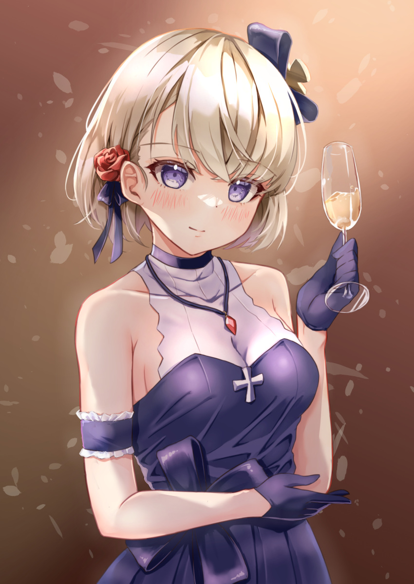 1girl absurdres alcohol azur_lane black_dress black_gloves bob_cut bow champagne classic_(zildjian33) collarbone commentary_request cross cup detached_sleeves dress drinking_glass eyes_visible_through_hair gloves hair_bow hair_ornament hair_ribbon head_tilt highres holding holding_cup iron_cross jewelry light_brown_hair looking_at_viewer necklace official_alternate_costume purple_eyes revision ribbon short_hair sidelocks simple_background smile solo wine_glass z23_(azur_lane) z23_(the_banquet's_honor_student)_(azur_lane)