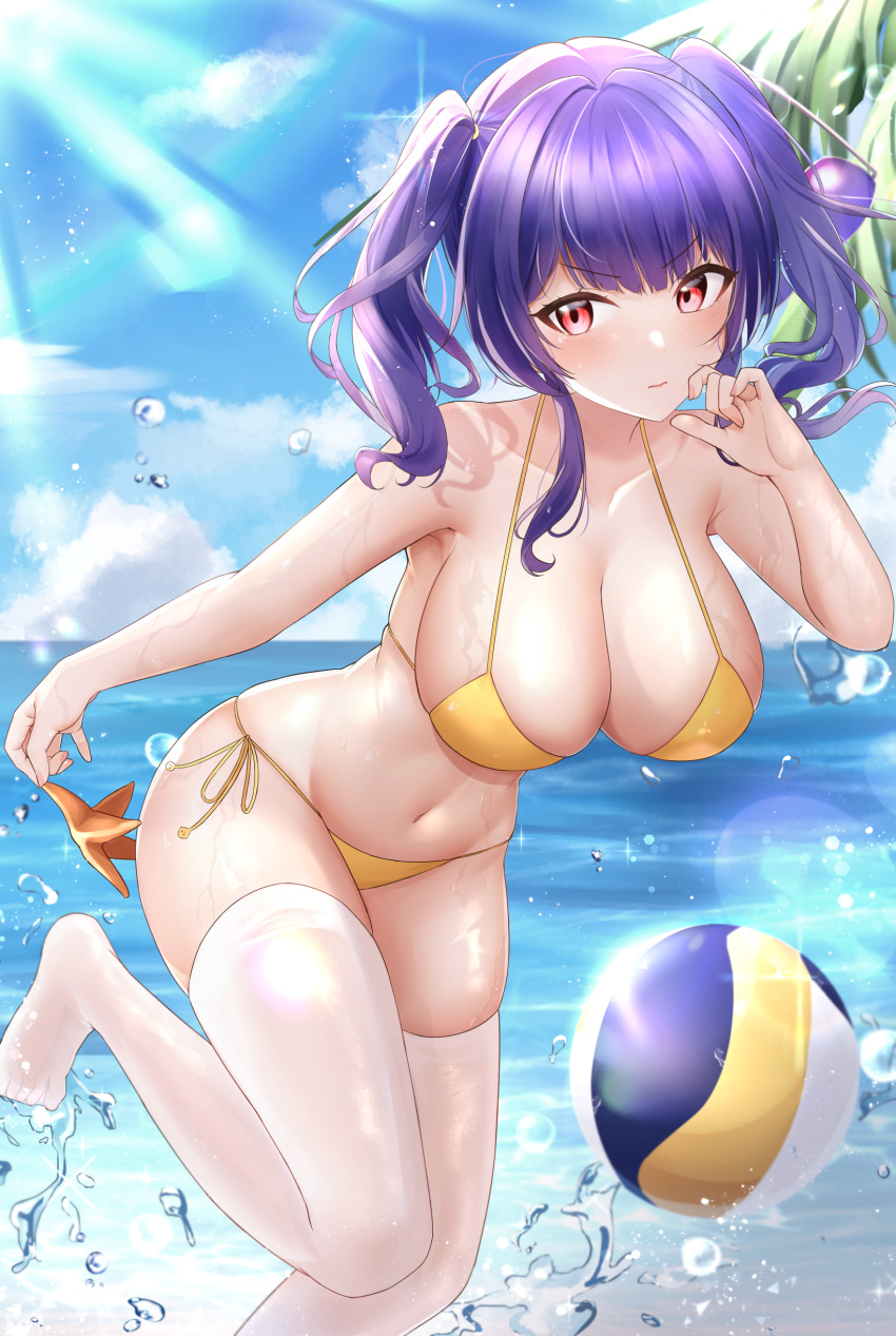 1girl absurdres azur_lane ball bare_shoulders beach beachball bent_over bikini blue_sky breasts cleavage cloud cloudy_sky collarbone commentary_request day hair_between_eyes highres holding horizon jyu-so large_breasts long_hair midriff navel ocean official_alternate_costume official_alternate_hairstyle outdoors pola_(azur_lane) pola_(seaside_coincidence)_(azur_lane) purple_hair red_eyes revision sidelocks sky solo spaghetti_strap starfish sunlight swimsuit thighhighs twintails v-shaped_eyebrows water_drop wet wet_clothes white_thighhighs yellow_bikini