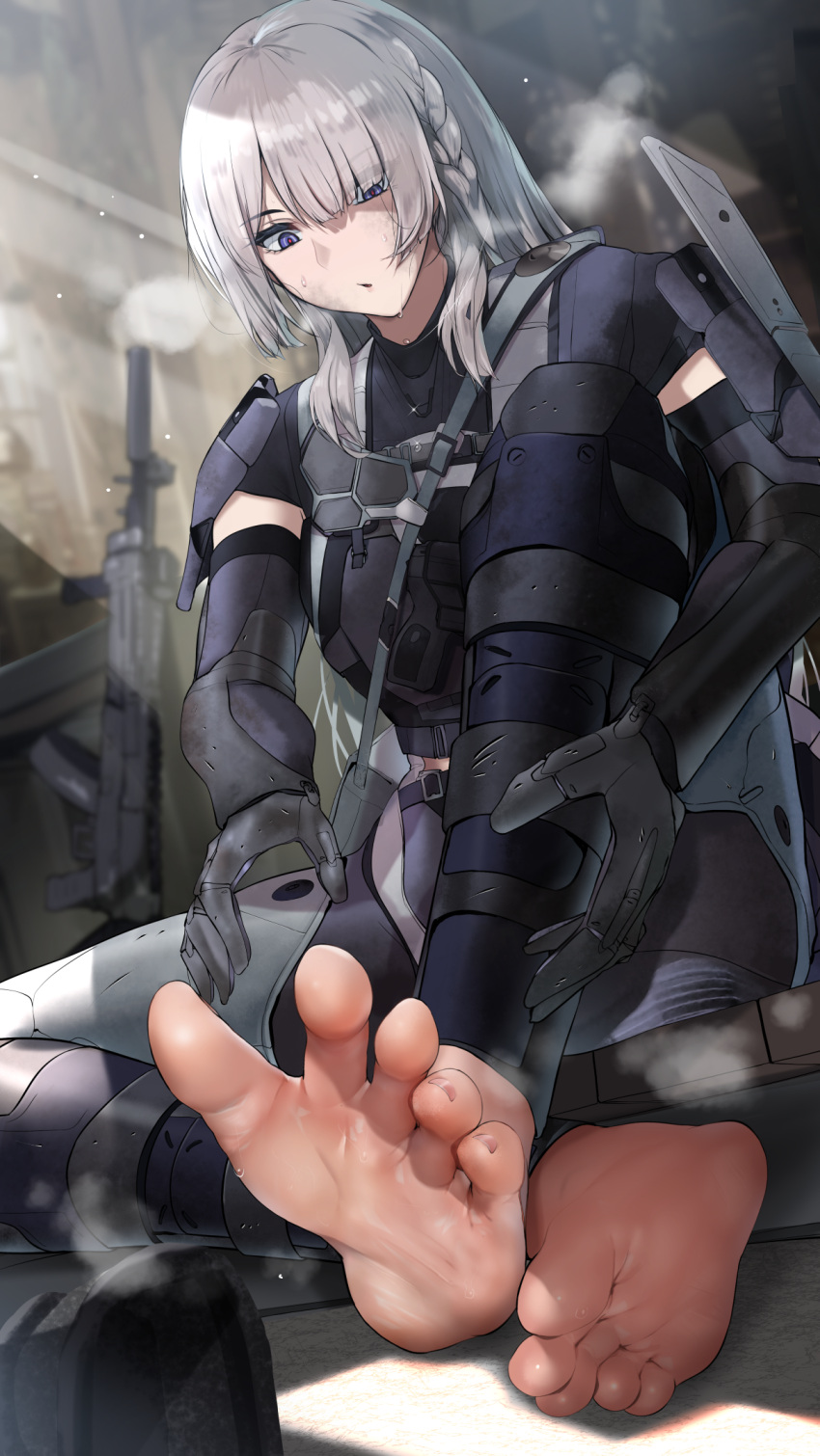 1girl ak-15 ak-15_(girls'_frontline) ak-15_(mod3)_(girls'_frontline) assault_rifle blurry braid breasts commission depth_of_field dirt feet foot_focus full_body girls'_frontline gloves gun hair_over_one_eye highres indoors kalashnikov_rifle long_hair looking_down medium_breasts nonohachi optical_sight parted_lips pixiv_commission purple_eyes rifle soles solo steaming_body suppressor sweat tactical_clothes toenails toes vertical_foregrip weapon white_hair