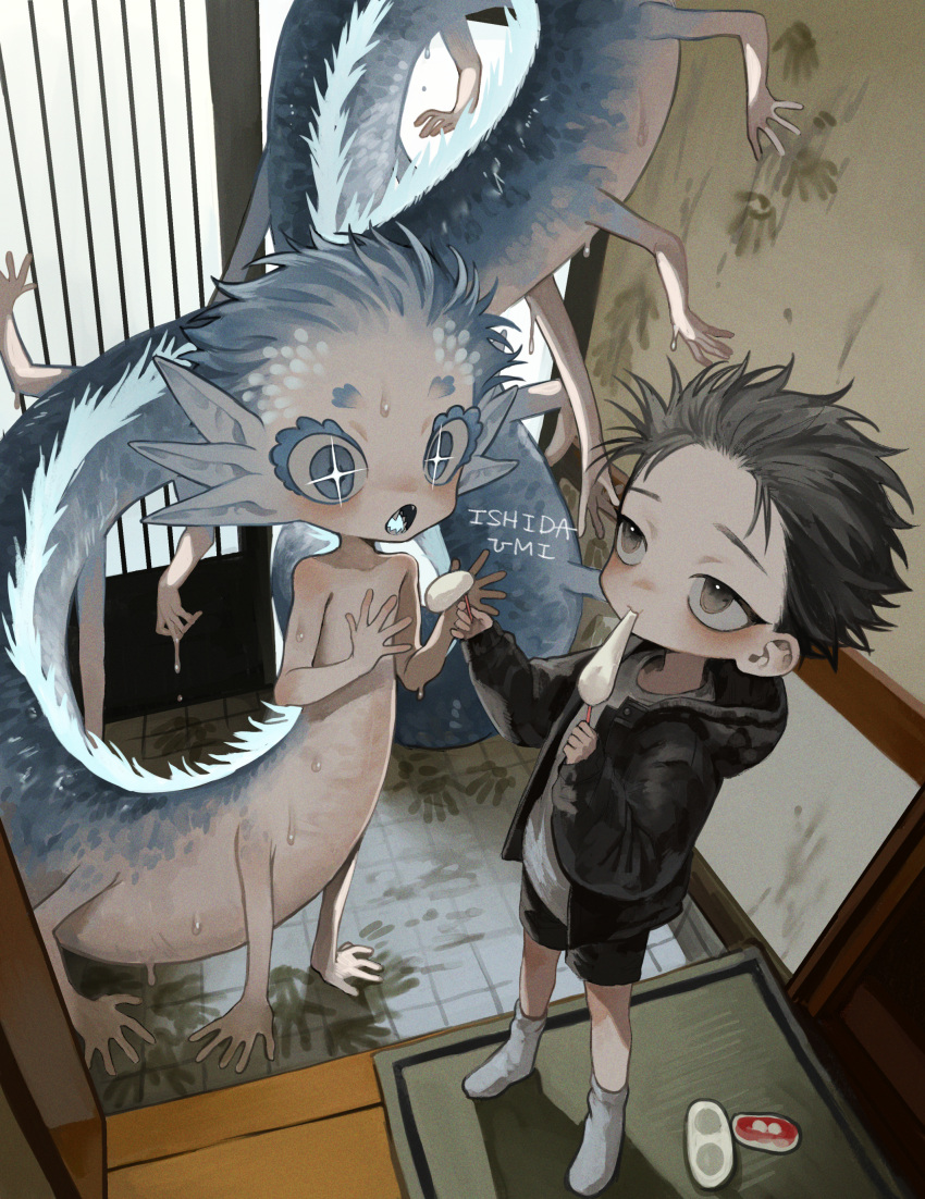 +_+ 1boy 1girl absurdres artist_name black_hair black_jacket black_shorts blue_eyes blue_hair brown_eyes commentary door dragon dragon_girl eastern_dragon eating entrance extra_arms extra_ears eyelashes flat_chest food food_in_mouth giving handprint highres holding holding_food hood hood_down hooded_jacket indoors ishida_umi jacket looking_at_another mochi mochi_trail monster_girl no_shoes nude open_clothes open_jacket open_mouth original pointy_ears scales sharing_food sharp_teeth short_hair shorts socks standing teeth tile_floor tiles very_short_hair watermark wet white_socks yukimi_daifuku_(food)