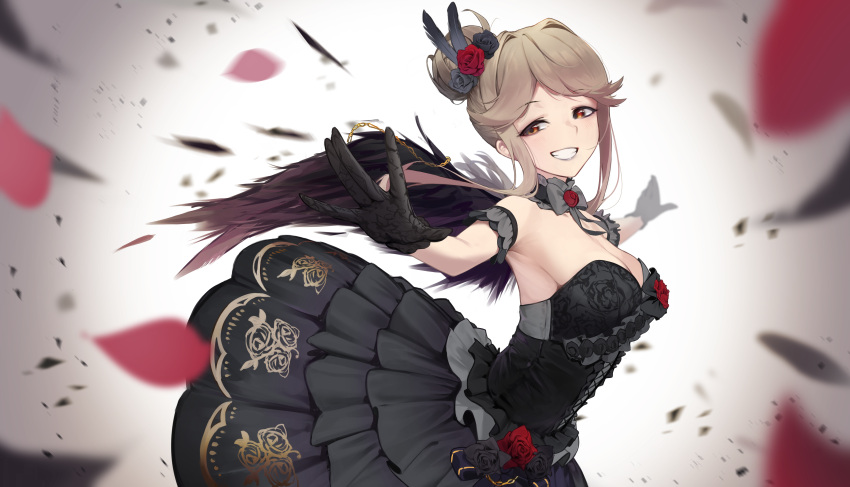 1girl absurdres asymmetrical_gloves bare_shoulders black_dress breasts brooch brown_eyes brown_hair cleavage detached_collar dress flower from_side gloves grin hair_bun highres idolmaster idolmaster_million_live! idolmaster_million_live!_theater_days jewelry layered_skirt marrrrrr medium_breasts mismatched_gloves outstretched_arms petals sideboob sidelocks skirt sleeveless sleeveless_dress smile strapless strapless_dress tenkuubashi_tomoka
