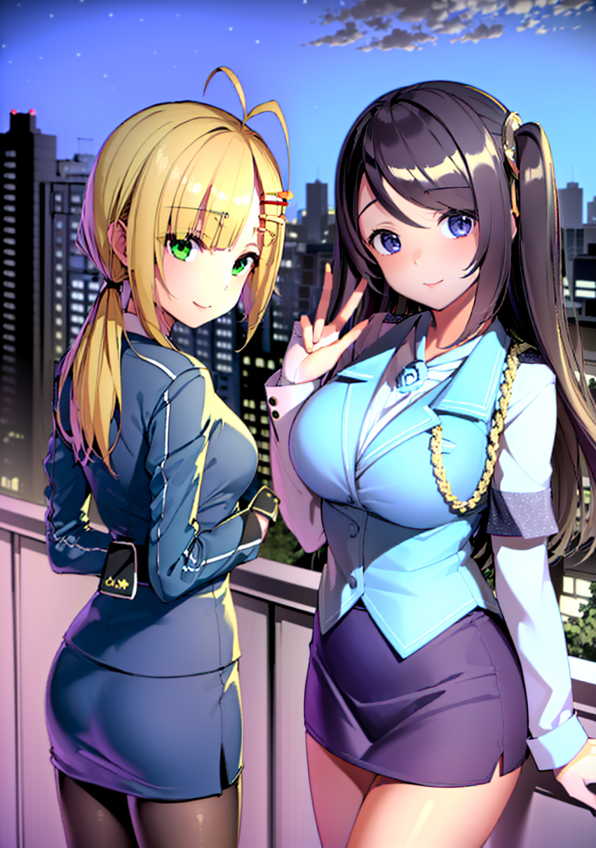 1girl absurdres ai-generated armband black_hair blue_skirt blue_vest collared_shirt emilia_(krt_girls) highres krt_girls long_hair long_sleeves one_side_up parted_bangs shirt skirt smile taiwan uniform vest xiao_qiong