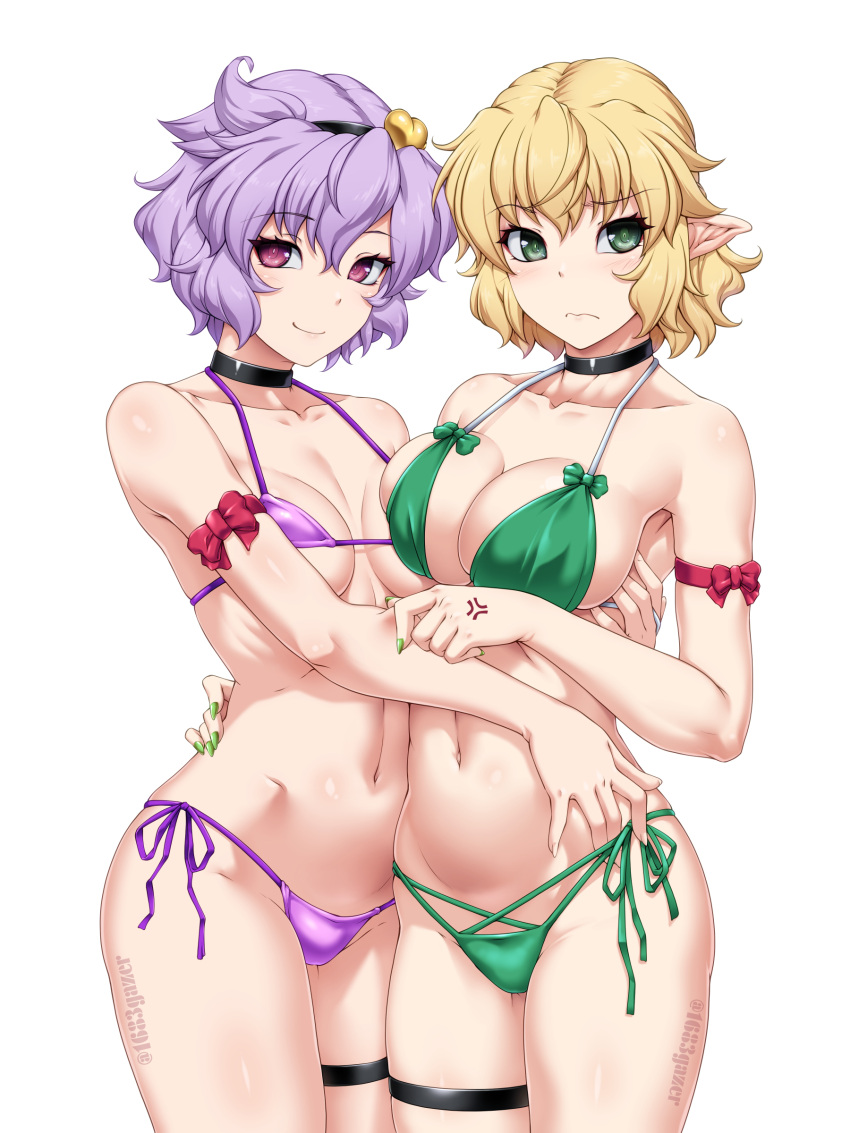 2girls absurdres bikini blonde_hair blush breasts choker cleavage closed_mouth green_bikini green_eyes hand_on_another's_hip highres komeiji_satori large_breasts looking_at_viewer micro_bikini mizuhashi_parsee multiple_girls navel ootsuki_wataru pointy_ears purple_bikini purple_eyes purple_hair short_hair side-tie_bikini_bottom simple_background smile swimsuit touhou white_background