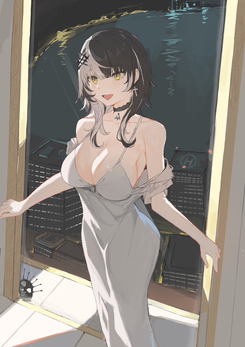 1girl :d absurdres bare_shoulders black_choker black_hair blush breasts building choker cleavage collarbone cross cross_earrings dimas_(dimas79756948) dress earrings grey_hair hair_ornament hairclip hashtag_only_commentary helipad highres hololive hololive_english indoors jewelry lace lace-trimmed_choker lace_choker lace_trim large_breasts light_blush long_hair looking_at_viewer multicolored_hair open_mouth shiori_novella sidelocks skyscraper sleeveless sleeveless_dress smile solo split-color_hair standing streaked_hair two-tone_hair virtual_youtuber water white_dress yellow_eyes