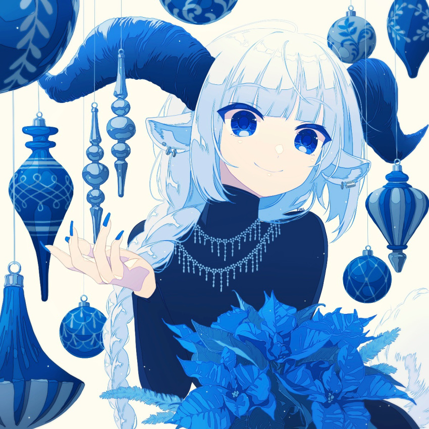 1girl animal_ears blue_eyes blue_flower blunt_bangs braid earrings fingernails flower high_collar highres horns jewelry long_fingernails long_hair long_sleeves looking_at_viewer multiple_earrings multiple_necklaces nail_polish necklace original ornament poinsettia sheep_ears sheep_girl sheep_horns smile solo torimomu turtleneck very_long_hair white_hair