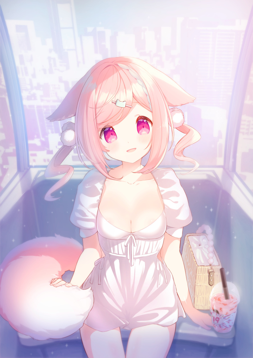 1girl :d amamiya_aki animal_ears bag braid breasts building cleavage collarbone commentary_request cup day disposable_cup dress drinking_straw ferris_wheel ferris_wheel_interior hair_ornament hairclip handbag head_tilt highres looking_at_viewer mofu-mofu_after_school mofumofu_channel p19 pink_hair puffy_short_sleeves puffy_sleeves purple_eyes short_sleeves sitting small_breasts smile solo swept_bangs tail twintails white_dress