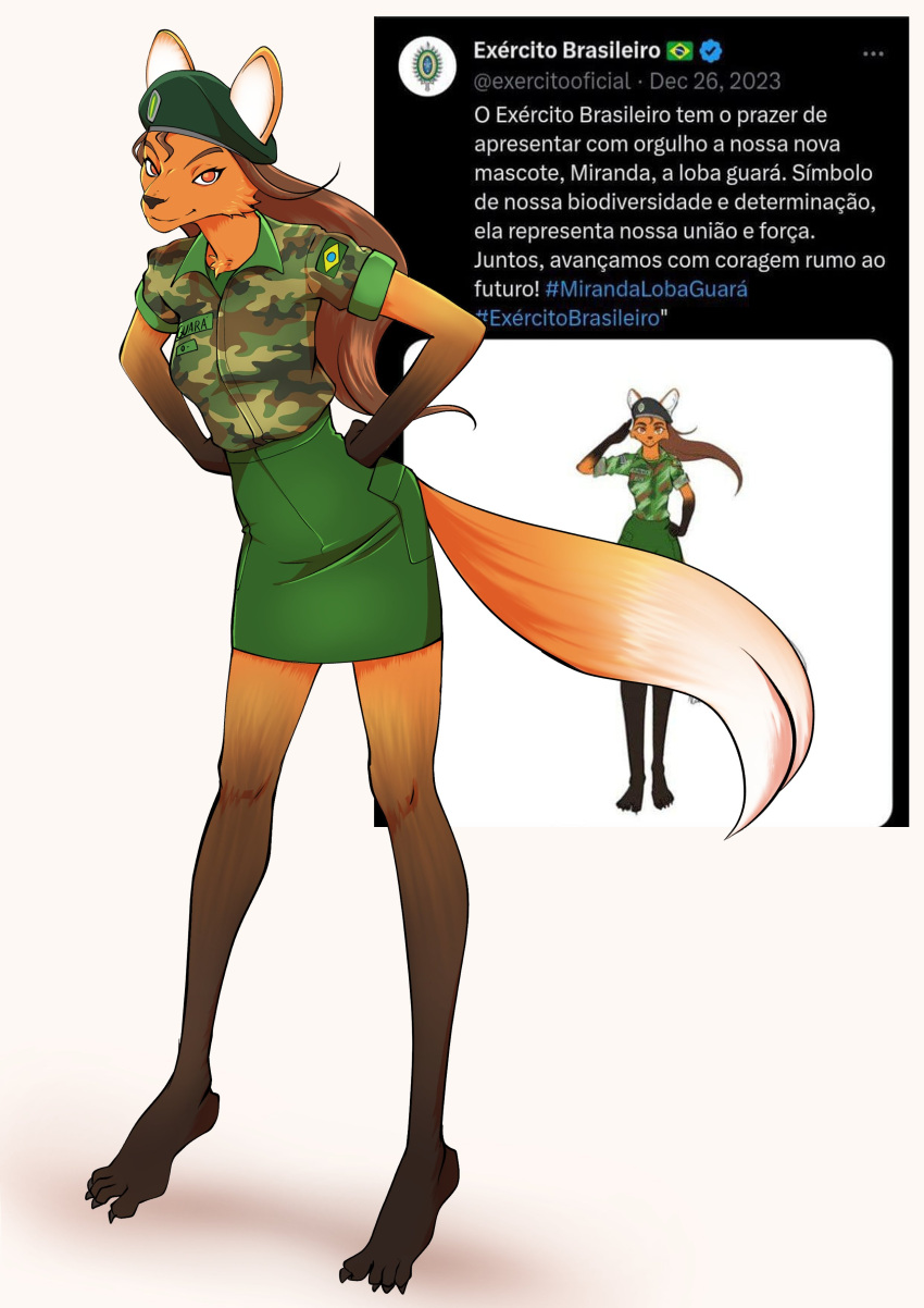 absurd_res anthro army army_uniform barefoot biped brazil brazilian brazilian_flag canid canine clothed clothing feet female gesture hi_res looking_at_viewer mammal maned_wolf miranda_(naythf) multicolored_body salute solo thuarts twitter two_tone_body