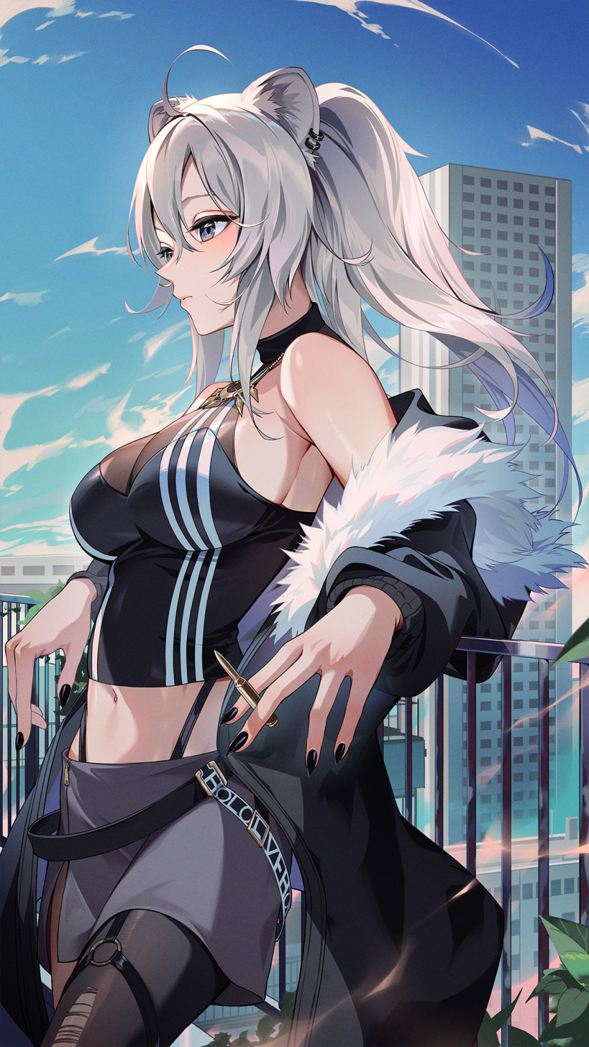 1girl ahoge animal_ears black_jacket black_nails black_pantyhose blue_sky breasts bullet cloud day ear_piercing fingernails fur-trimmed_jacket fur_trim grey_eyes grey_hair grey_shorts highres holding holding_bullet hololive jacket kainown large_breasts lion_ears lion_girl long_hair long_sleeves nail_polish navel pantyhose piercing shishiro_botan shishiro_botan_(1st_costume) shorts sky solo standing torn_clothes torn_pantyhose virtual_youtuber