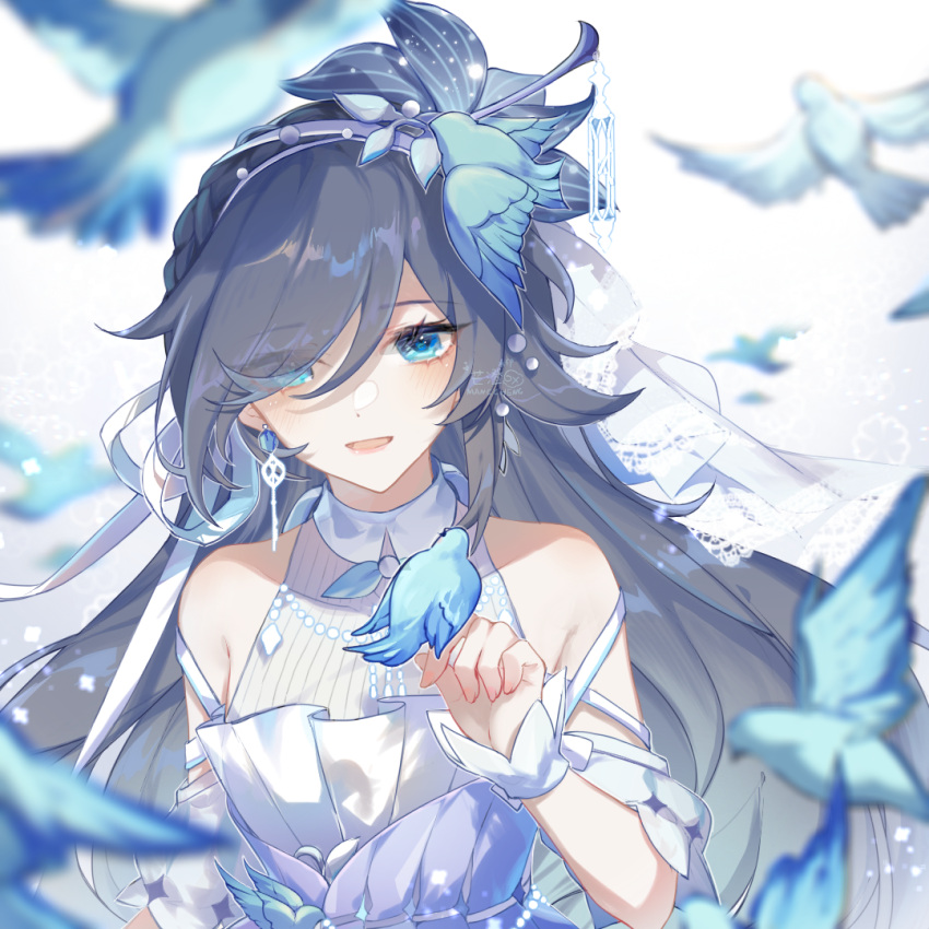 1girl bare_shoulders bird bird_hair_ornament bird_on_hand blue_bird blue_eyes blue_hair bride dress earrings fu_hua fu_hua_(azure_empyrea) fu_hua_(cerulean_court) grey_hair hair_ornament hair_over_one_eye halter_dress halterneck honkai_(series) honkai_impact_3rd jewelry long_hair mangzhi_yaoyao multicolored_clothes multicolored_dress official_alternate_costume on_head open_mouth sleeveless sleeveless_dress solo upper_body veil very_long_hair wedding_dress white_dress