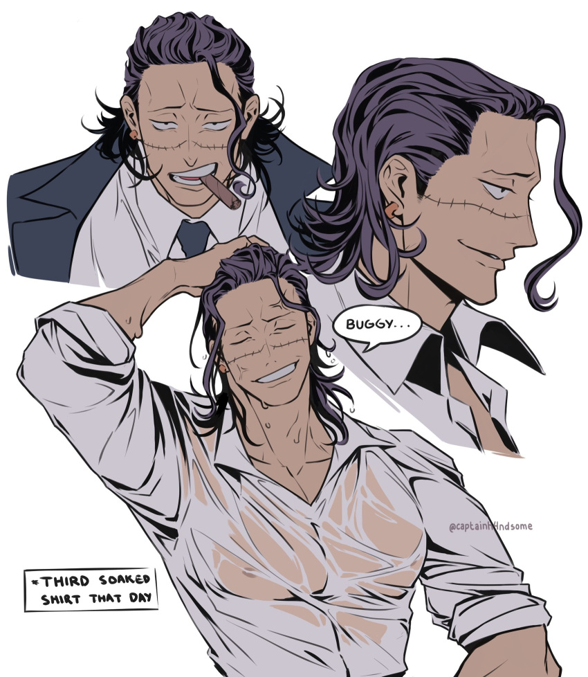 1boy bishounen black_hair black_suit business_suit captainh4ndsome cigar collared_shirt crocodile_(one_piece) earrings formal hair_slicked_back highres jewelry male_focus necktie one_piece open_mouth scar scar_on_face scar_on_nose shirt smile smoking solo stitches suit wet wet_clothes white_background white_shirt