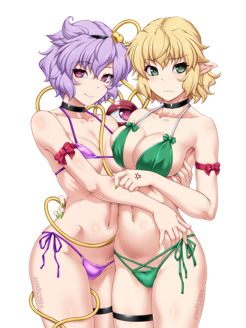 2girls absurdres bikini blonde_hair blush breasts choker cleavage closed_mouth green_bikini green_eyes hand_on_another's_hip highres komeiji_satori large_breasts looking_at_viewer micro_bikini mizuhashi_parsee multiple_girls navel ootsuki_wataru pointy_ears purple_bikini purple_eyes purple_hair short_hair side-tie_bikini_bottom simple_background smile swimsuit touhou white_background