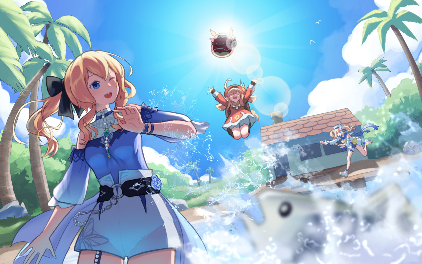 &gt;_&lt; 3girls :d absurdres ahoge arms_up backpack bag bag_charm barbara_(genshin_impact) barbara_(summertime_sparkle)_(genshin_impact) bent_over blonde_hair bloomers blue_eyes blue_one-piece_swimsuit blue_sky bow bracelet brown_footwear brown_scarf cabbie_hat charm_(object) chasing cloud cloudy_sky clover_print coat coconut_tree commentary detached_sleeves dodoco_(genshin_impact) drill_hair duck_print english_commentary fish genshin_impact hair_between_eyes hair_bow hair_ribbon handbag hat hat_feather hat_ornament highres house jean_(genshin_impact) jean_(sea_breeze_dandelion)_(genshin_impact) jewelry jumping jumpy_dumpty klee_(genshin_impact) lens_flare light_brown_hair long_hair long_sleeves looking_at_viewer low_twintails mountainous_horizon multiple_girls official_alternate_costume one-piece_swimsuit open_mouth outdoors outstretched_arms palm_tree pointy_ears ponytail randoseru red_coat red_headwear revision ribbon running scarf shirakawafel sidelocks sky smile spread_arms sun sunlight swimsuit throwing tree twin_drills twintails underwear xd