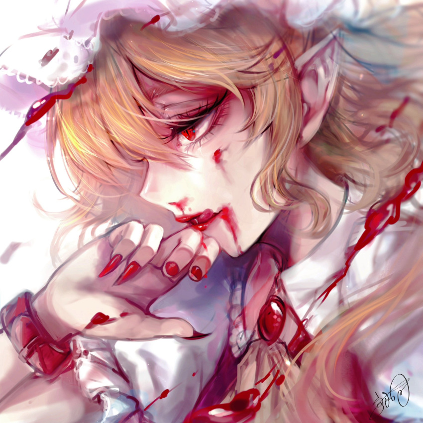 1girl ascot blonde_hair blood blood_on_clothes blood_on_face blood_on_hands blood_splatter claws crystal expressionless eyelashes eyeliner fingernails flandre_scarlet frilled_hat frills from_side hat highres jewelry kyogoku-uru licking licking_blood licking_lips looking_to_the_side makeup messy_hair mob_cap nail_polish pointy_ears red_eyes red_nails red_skirt red_vest sharp_fingernails short_hair sidelocks skirt solo tongue tongue_out touhou vest white_headwear yellow_ascot