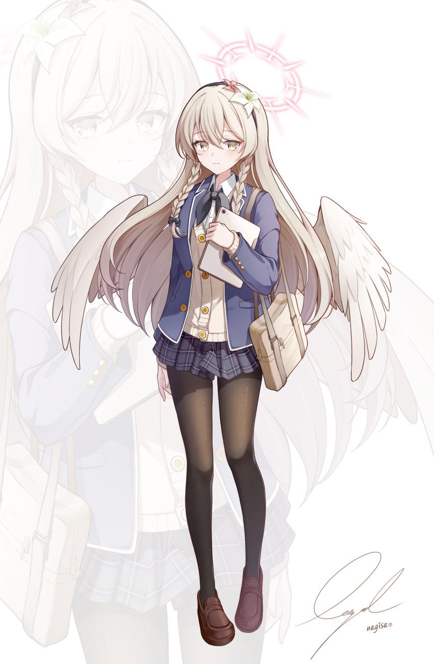 1girl absurdres angel_wings bag black_pantyhose black_skirt blazer blue_archive blue_jacket blush braid brown_cardigan brown_footwear cardigan closed_mouth collared_shirt feathered_wings flower full_body gyeou_lee hair_between_eyes hair_flower hair_ornament halo highres jacket light_brown_hair long_hair nagisa_(blue_archive) open_clothes open_jacket pantyhose pink_flower pink_halo plaid plaid_skirt pleated_skirt school_bag school_uniform shirt shoes signature skirt smile solo twin_braids white_flower white_shirt white_wings wings yellow_eyes zoom_layer