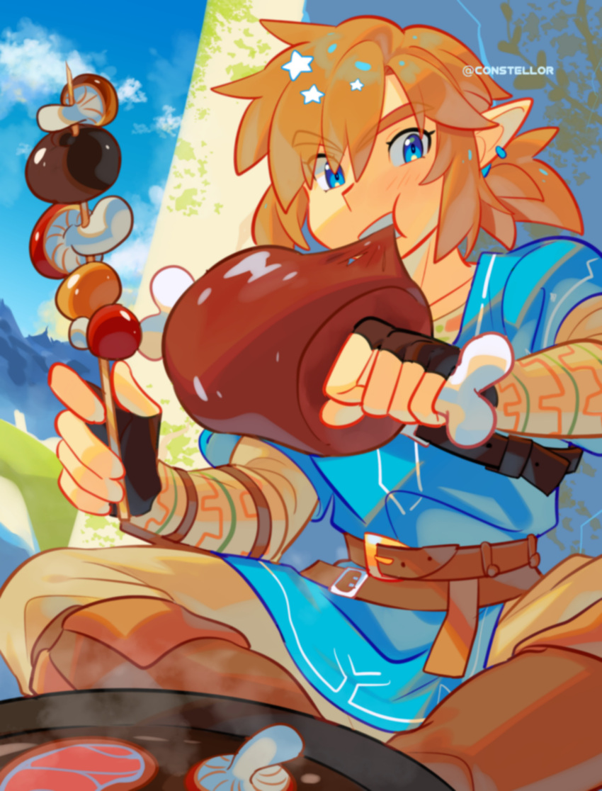 1boy absurdres belt blue_eyes blue_sky blue_tunic boned_meat boots brown_belt brown_footwear champion's_tunic_(zelda) commentary constellor earrings eating fingerless_gloves food gloves grill highres indian_style jewelry kebab light_brown_hair link male_focus meat mushroom pointy_ears ponytail sitting sky solo star_(symbol) steam the_legend_of_zelda the_legend_of_zelda:_breath_of_the_wild twitter_username