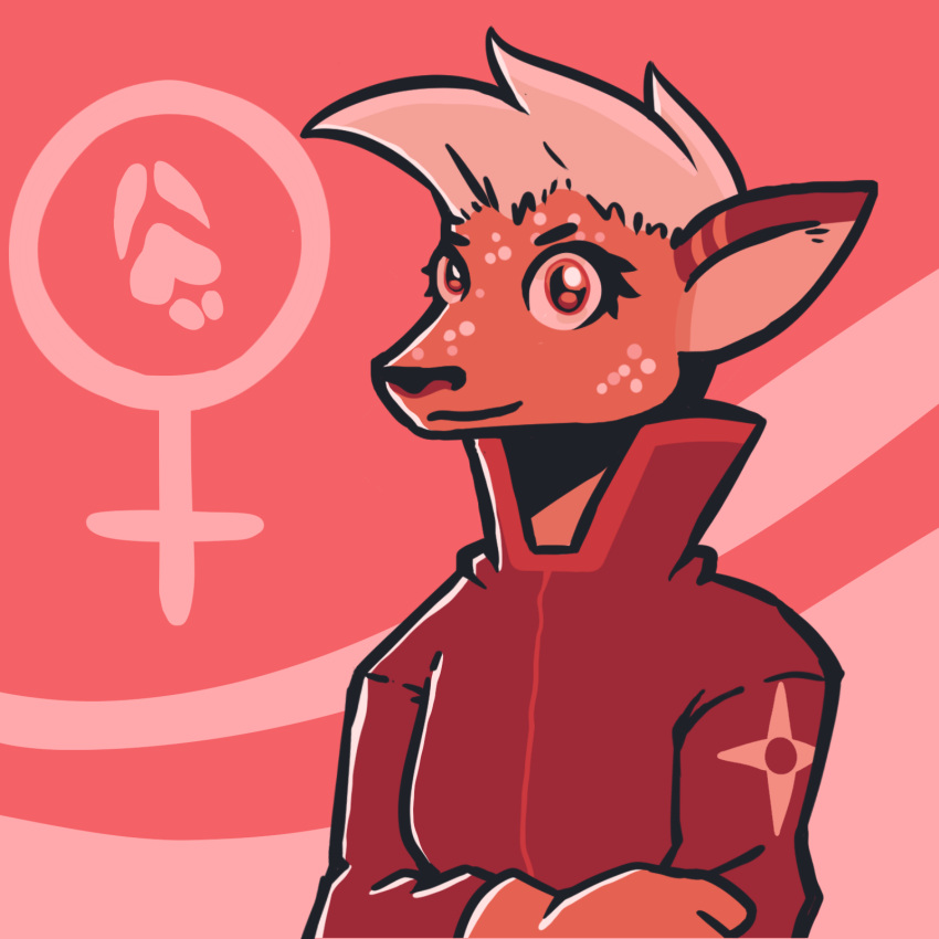 2019 anthro breasts brown_body brown_fur clothing crash_quest crossed_arms deer deer_(artist) digital_media_(artwork) eyebrows eyelashes female female_symbol fur gender_symbol hair hi_res looking_at_viewer mammal medium_breasts oken_(crash_quest) pink_background red_clothing red_suit simple_background snout solo suit symbol three-quarter_view white_hair women's_day