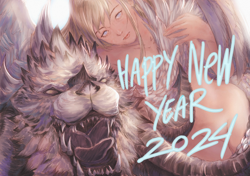 1boy 1girl 2024 absurdres blonde_hair blue_eyes breasts chinese_zodiac completely_nude convenient_censoring dragon english_commentary fangs final_fantasy final_fantasy_xiv gusty10rk happy_new_year highres horns hraesvelgr_(ff14) looking_at_viewer nude open_mouth ryne_waters sharp_teeth teeth tongue white_fur wings year_of_the_dragon