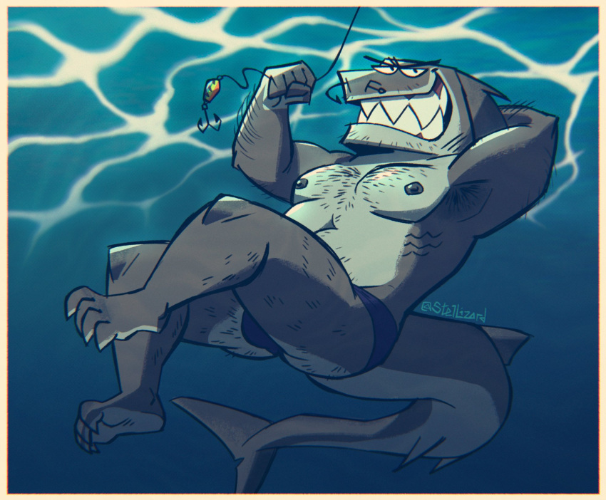 anthro armpit_hair body_hair bulge clothing facial_piercing fish fish_hook fishing_line fishing_lure grin hi_res hook looking_at_viewer male marine nipples nose_piercing piercing shark sharp_teeth smile solo speedo stellizard swimwear teeth