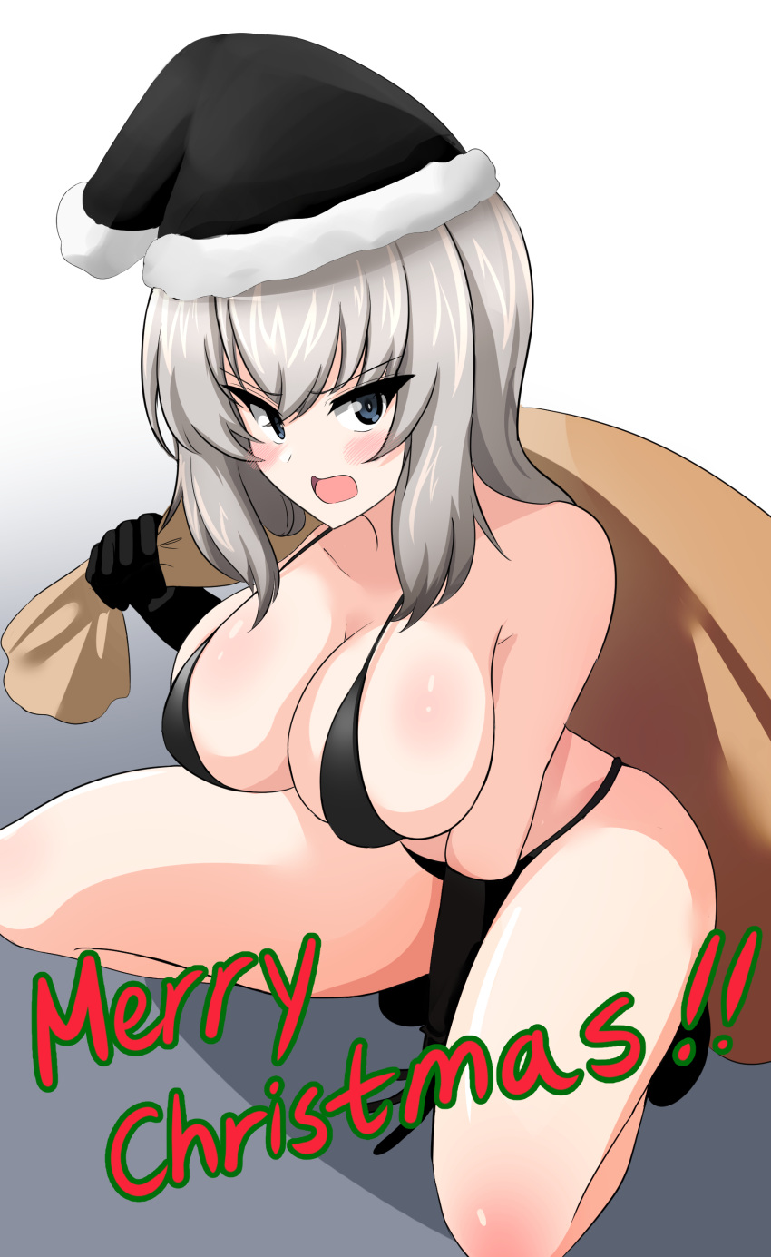 1girl absurdres aikir_(jml5160) bangs bikini black_bikini black_footwear black_gloves black_headwear black_santa_costume blue_eyes blush boots breasts christmas commentary elbow_gloves embarrassed english_text eyebrows_visible_through_hair frown girls_und_panzer gloves gradient gradient_background grey_background halterneck hat highres holding holding_sack itsumi_erika large_breasts looking_at_viewer medium_hair merry_christmas open_mouth over_shoulder sack santa_costume santa_hat silver_hair solo squatting swimsuit