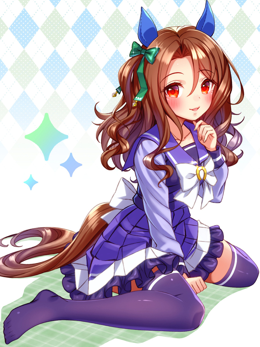1girl animal_ears back_bow blue_thighhighs bow bowtie brown_hair commentary ear_covers green_bow hair_bow highres horse_ears horse_girl horse_tail horseshoe_ornament king_halo_(umamusume) long_hair long_sleeves looking_at_viewer miniskirt open_mouth pleated_skirt purple_sailor_collar purple_shirt purple_skirt red_eyes sailor_collar school_uniform shirt sitting skirt smile solo sugimotty_nova tail thighhighs tracen_school_uniform umamusume wariza white_bow white_bowtie