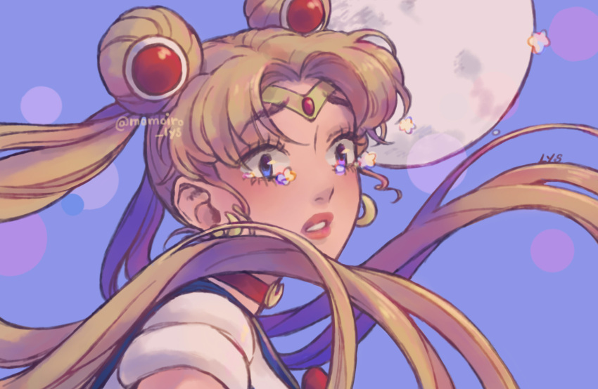 1girl artist_name bishoujo_senshi_sailor_moon blonde_hair blue_eyes bow bowtie choker commentary crescent_choker double_bun english_commentary floating_hair from_side hair_bun highres long_hair looking_to_the_side magical_girl momoiro_lys moon parted_lips red_bow red_bowtie red_choker sailor_moon sailor_senshi sailor_senshi_uniform short_sleeves signature solo tears tiara tsukino_usagi upper_body very_long_hair