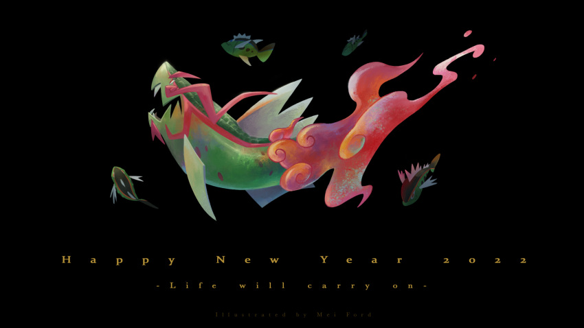 basculegion basculin basculin_(red) black_background commentary_request english_text evolutionary_line fangs fish from_side happy_new_year highres mei_ford new_year no_humans open_mouth pokemon pokemon_(creature)