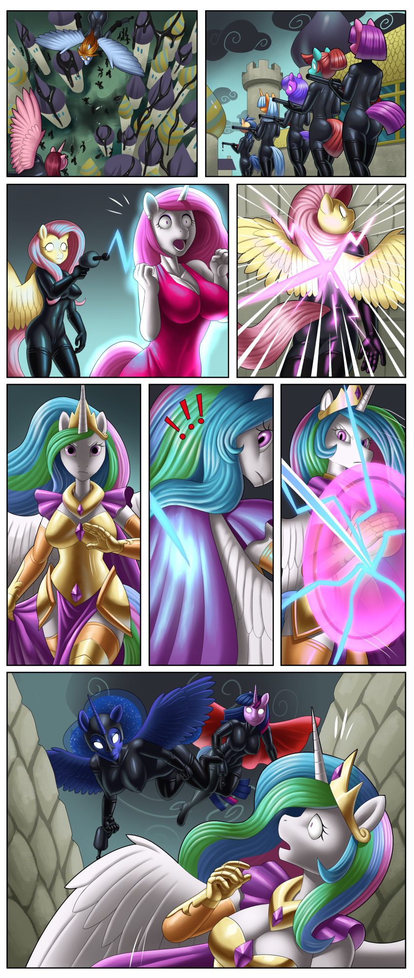 absurd_res anthro armor big_breasts black_bodysuit black_clothing black_latex black_legwear black_skinsuit black_thigh_boots black_thigh_highs blue_hair bodysuit boots breasts camel_toe cape clothing comic corruption crown dress drone earth_pony empty_eyes equid equine exclamation_point feathered_wings feathers female fleur_de_lis_(mlp) fluttershy_(mlp) flying footwear friendship_is_magic genital_outline gloves gold_(metal) gold_armor green_body group hair handwear hasbro headgear helmet hi_res high_heeled_boots high_heels horn horse latex latex_boots latex_clothing latex_footwear latex_gloves latex_handwear latex_thigh_boots legwear liquid_latex looking_at_viewer looking_back looking_back_at_viewer male mammal medium_breasts mind_control multicolored_hair my_little_pony nipple_outline orange_body orange_hair pegasus pink_clothing pink_dress pink_hair pony princess_celestia_(mlp) princess_luna_(mlp) purple_body purple_hair pussy_outline ranged_weapon raygun red_cape red_hair shield skinsuit story story_in_description syberfab tail thigh_boots thigh_highs tight_clothing twilight_sparkle_(mlp) unicorn unicorn_horn weapon wearing_crown wearing_helmet white_body wings yellow_body