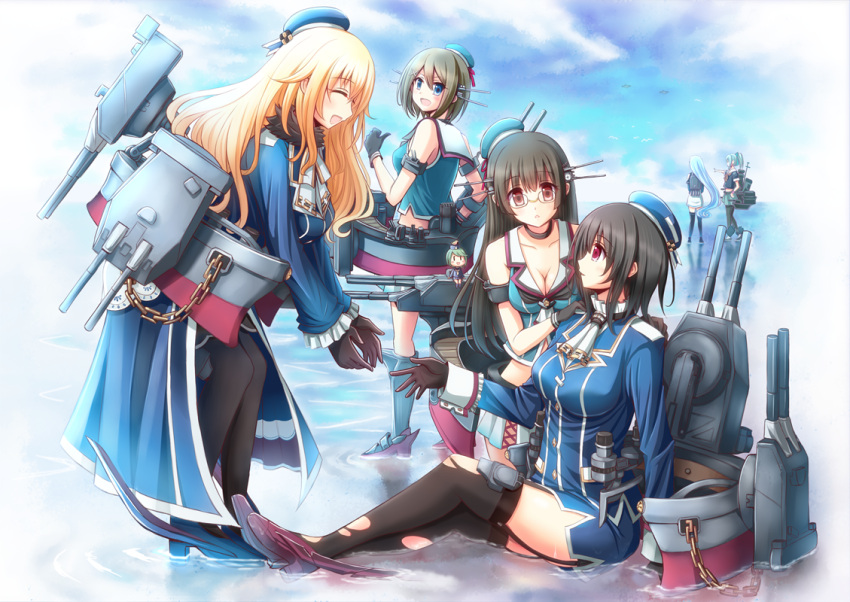 20.3cm_twin_gun_mount 6+girls :d ^_^ afloat ascot atago_(kancolle) beret black_choker black_hair black_thighhighs blonde_hair blue_eyes blue_hair bow breasts brown_eyes brown_hair chibi choker choukai_(kancolle) cleavage closed_eyes commentary fairy_(kancolle) garter_straps green_hair hair_bow hair_ribbon hat headgear horizon kantai_collection large_breasts leaning_forward long_hair machinery maya_(kancolle) miniskirt multiple_girls ocean open_mouth pantyhose pleated_skirt pointing ponytail red_eyes revision ribbon rigging rizuriri samidare_(kancolle) school_uniform serafuku short_hair sitting skirt smile standing standing_on_liquid takao_(kancolle) thighhighs torn_clothes turret very_long_hair yuubari_(kancolle)