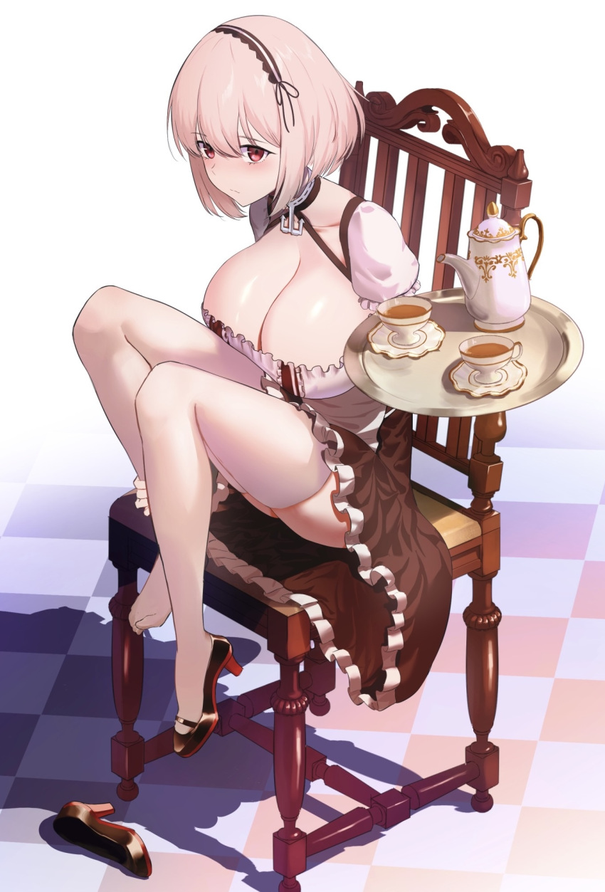 1girl alternate_hair_color anchor_collar azur_lane black_dress black_footwear black_hairband blush bob_cut breasts checkered_floor cleavage closed_mouth collarbone commentary cup dress frilled_dress frills hair_between_eyes hairband hand_on_own_leg high_heels highres holding holding_tray huge_breasts knees_up lom_(lom_lom_8) looking_ahead medium_hair nose on_chair pink_hair plate red_eyes ribbon-trimmed_hairband shadow shoes short_sleeves single_shoe sirius_(azur_lane) sitting solo tea teacup teapot thighhighs thighs toes tray two-tone_dress unworn_footwear white_background white_dress white_thighhighs wooden_chair
