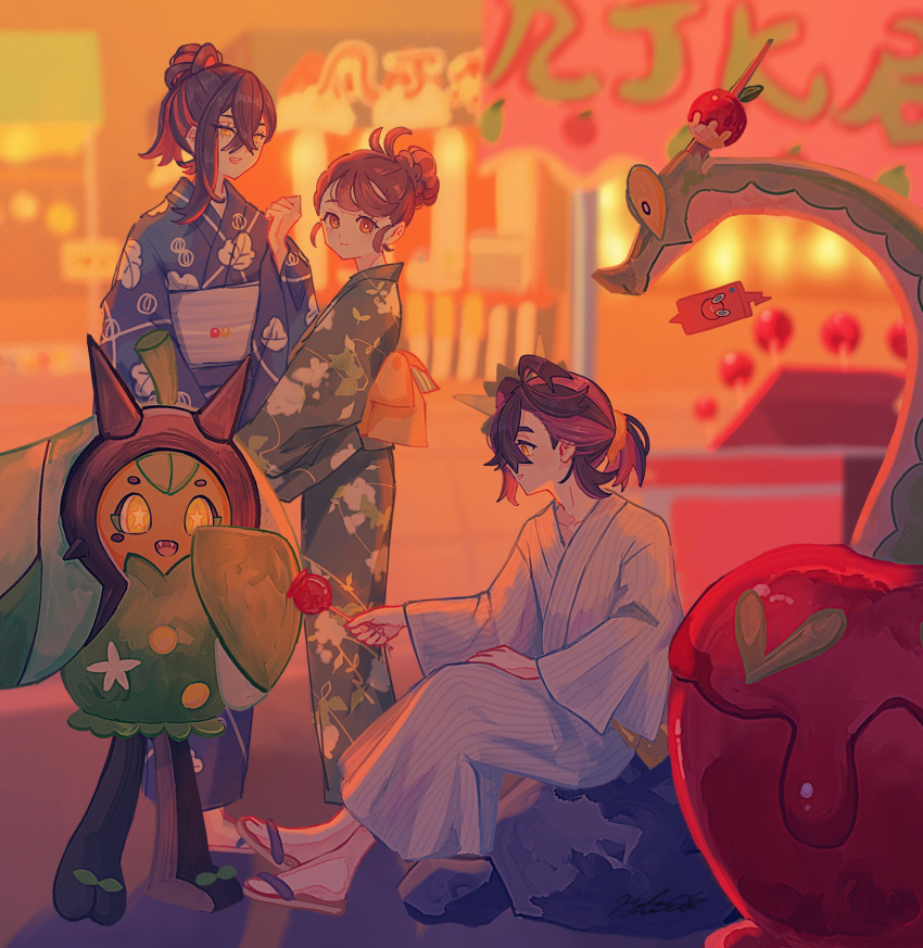 1boy 2girls alpha_poke apple black_eyes black_hair blurry blurry_background brown_eyes brown_hair candy_apple carmine_(pokemon) closed_mouth colored_inner_hair colored_sclera commentary_request crossed_bangs fangs floating food fruit highres holding holding_food horns hydrapple japanese_clothes juliana_(pokemon) kimono long_hair multicolored_hair multiple_girls new_year ogerpon on_rock open_mouth pokemon pokemon_(creature) pokemon_sv purple_hair red_hair rock rotom rotom_dex sandals short_hair sitting sitting_on_rock smile standing star-shaped_pupils star_(symbol) symbol-shaped_pupils two-tone_hair worm yellow_eyes yellow_sclera yukata