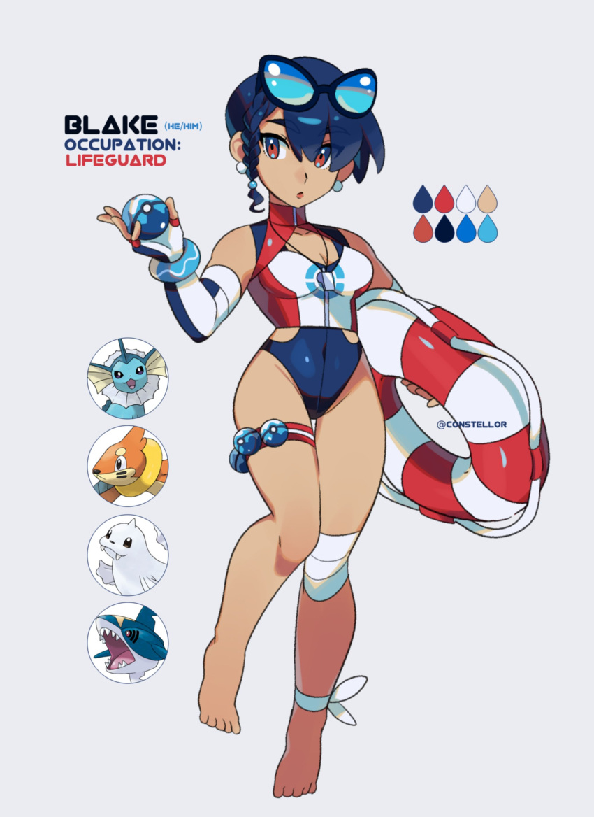 1girl absurdres blue_eyes blue_hair blue_one-piece_swimsuit braid breasts buizel character_name cleavage cleavage_cutout clothing_cutout commentary constellor dive_ball earrings elbow_gloves english_commentary eyewear_on_head fingerless_gloves gloves highres holding holding_poke_ball innertube jewelry medium_breasts multicolored_eyes one-piece_swimsuit original poke_ball pokemon red_eyes seel sharpedo short_hair side_braid solo sunglasses swim_ring swimsuit thigh_strap turtleneck twitter_username vaporeon