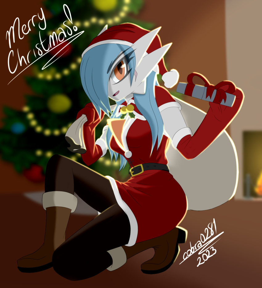 2023 alyx_(cobra0281) blue_hair christmas christmas_clothing christmas_headwear christmas_present christmas_tree clothing cobra0281 costume english_text female gardevoir generation_3_pokemon gift gift_bag hair hair_over_eye hat headgear headwear hi_res holidays humanoid kneeling long_hair looking_at_viewer merry_christmas nintendo not_furry one_eye_obstructed orange_eyes plant pokemon pokemon_(species) santa_bag santa_costume santa_hat shiny_pokemon signature solo text tree