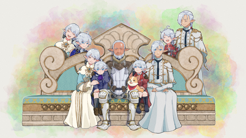 2girls 3boys ^_^ aged_down ahoge alisaie_leveilleur alphinaud_leveilleur armor beard black_footwear black_necktie blue_eyes blue_jacket blue_socks boots bow bowtie braid braided_ponytail brown_eyes brown_footwear capelet child closed_eyes collared_capelet commentary elezen elf eyes_visible_through_hair facial_hair facing_viewer family final_fantasy final_fantasy_xiv forehead_tattoo fourchenault_leveilleur full_body greaves hair_ribbon hand_on_another's_arm hand_on_another's_shoulder hands_on_own_knees highres jacket knee_boots knee_pads kneehighs loafers long_hair looking_at_viewer louisoix_leveilleur medium_hair mondo_jp multiple_boys multiple_girls multiple_views neckerchief necktie open_mouth pointy_ears purple_neckerchief red_bow red_bowtie red_jacket ribbon robe second-party_source shoes siblings side-by-side side_braid single_braid sitting sleeves_past_wrists smile socks straight-on swept_bangs twins white_capelet white_hair white_robe