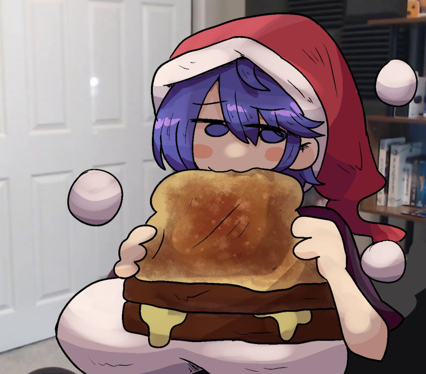 1girl :3 black_capelet blue_eyes blue_hair blush bread bread_slice breasts capelet cheese doremy_sweet dream_soul dress eating food grilled_cheese hat jerma985 large_breasts legacy_of_lunatic_kingdom looking_at_viewer nightcap notnoe_(dxcl) pom_pom_(clothes) red_headwear santa_hat shirt short_hair short_sleeves smile tail tapir_tail toast touhou white_shirt