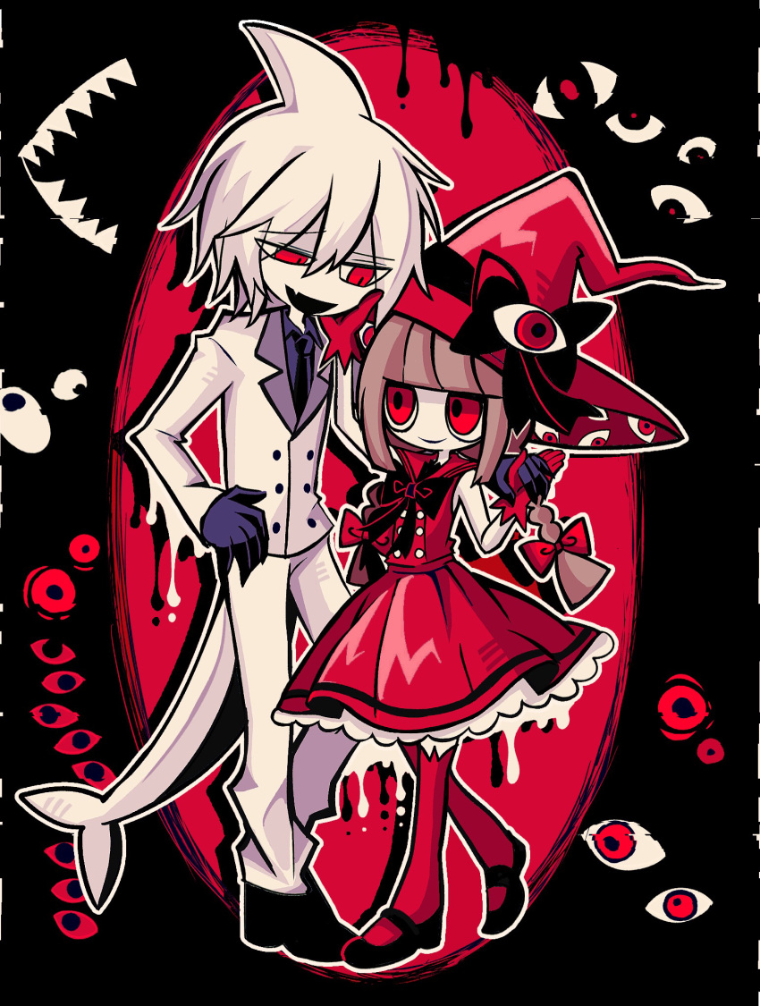 1boy 1girl black_background black_footwear black_necktie blue_gloves blue_shirt brown_hair closed_mouth collared_shirt commentary_request disembodied_eye dress fins fish_tail full_body funamusea gloves hand_on_another's_cheek hand_on_another's_face hat hatosabure head_fins highres holding_hands looking_at_another medium_hair necktie oounabara_to_wadanohara open_mouth red_background red_dress red_eyes red_gloves red_headwear red_thighhighs shark_boy shark_tail shirt short_hair short_sleeves smile spoilers suit syake_(wadanohara) tail thighhighs two-tone_background wadanohara white_hair white_suit witch_hat