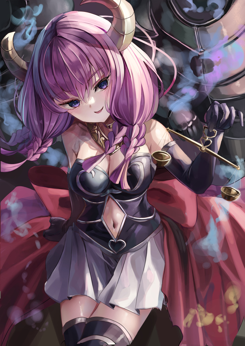 1girl :d arm_support aura_(sousou_no_frieren) balance_scale black_leotard black_thighhighs braid clothing_cutout commentary_request demon_girl demon_horns elbow_gloves gloves hair_between_eyes head_tilt highres holding horns jewelry leotard long_hair looking_at_viewer multiple_braids navel navel_cutout neck_ring purple_eyes purple_hair sidelocks sitting skirt sleeveless smile smirk solo sousou_no_frieren strapless strapless_leotard suidou_chaahan thighhighs weighing_scale white_skirt wind zettai_ryouiki