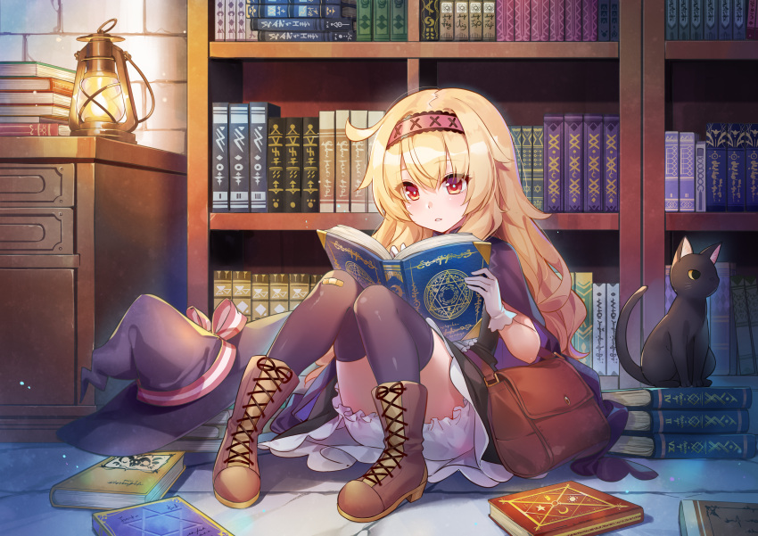 1girl absurdres bag black_cat black_dress blonde_hair bloomers blush book book_focus book_stack bookshelf cat cloak dot_nose dress gloves hair_between_eyes hairband hat highres hika_(cross-angel) holding holding_book indoors lamp little_witch_nobeta long_hair nobeta official_art open_book phyllis_(cat)_(little_witch_nobeta) phyllis_(little_witch_nobeta) purple_cloak purple_headwear purple_thighhighs reading red_eyes red_hairband shoulder_bag sitting solo thighhighs thighs underwear unworn_hat unworn_headwear white_gloves witch_hat