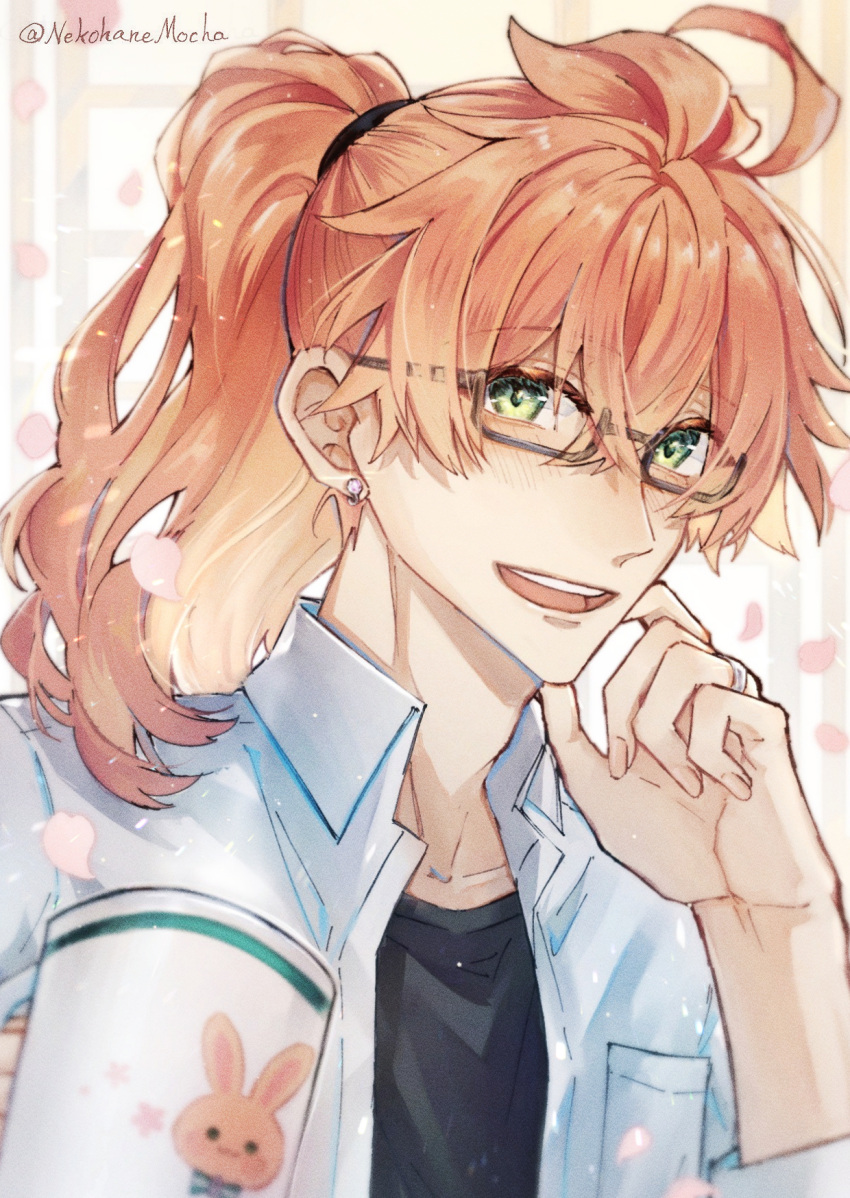 1boy :d ahoge alternate_costume artist_name bespectacled black-framed_eyewear black_shirt blush breast_pocket cherry_blossoms collared_shirt cup earrings falling_petals fate/grand_order fate_(series) film_grain glasses glint green_eyes hair_between_eyes hand_on_own_cheek hand_on_own_face hand_up highres holding holding_cup jewelry light_particles looking_at_viewer male_focus medium_hair mug nekohanemocha open_clothes open_mouth open_shirt orange_hair petals pocket ponytail rectangular_eyewear ring romani_archaman semi-rimless_eyewear shirt simple_background smile solo teeth twitter_username under-rim_eyewear undershirt upper_body upper_teeth_only white_shirt