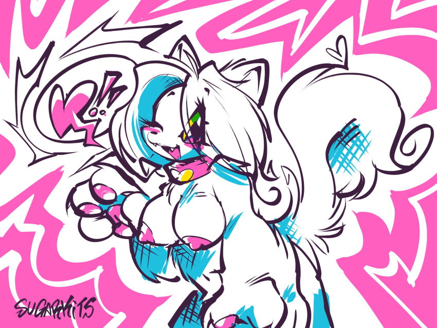 &lt;3 anthro areola blush breasts claws collar domestic_cat exclamation_point exposed_breasts felid feline felis female fur gesture hair hi_res mammal medium_breasts nipples pawpads pink_background pointing signature simple_background solo speech_bubble sugarkits tail white_body white_fur winking_eye