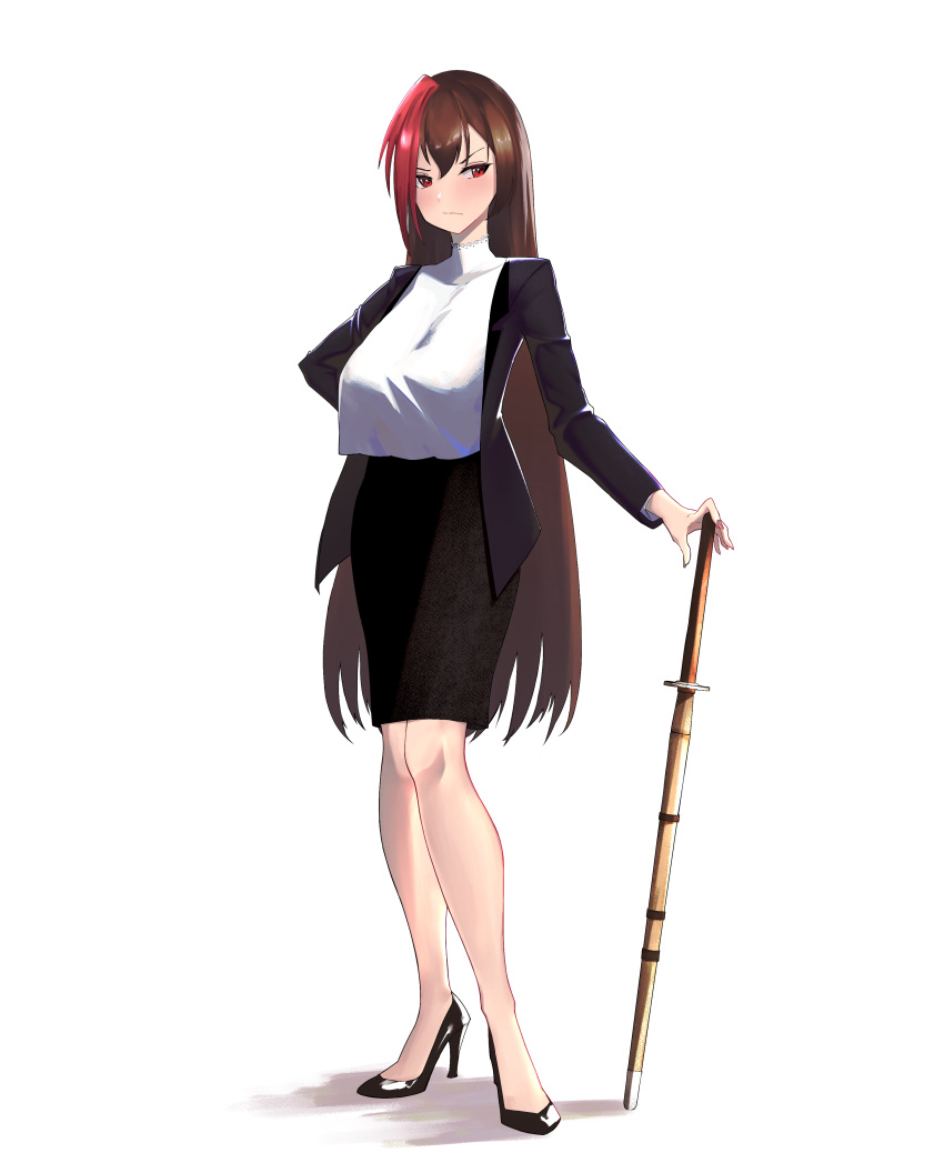 1girl absurdres alternate_costume black_footwear blush breasts brown_hair closed_mouth full_body grand_summoners high_heels highres jacket kisaragi_(grand_summoners) long_hair long_sleeves pencil_skirt puppuppa red_eyes shirt shirt_overhang simple_background skirt solo standing sword very_long_hair weapon white_background white_shirt wooden_sword