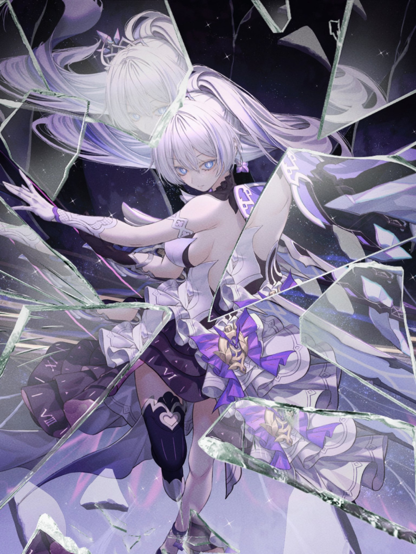 1girl app_filter bare_shoulders blue_eyes broken_glass closed_mouth crack crown glass glass_shards gloves highres holding holding_sword holding_weapon honkai_(series) honkai_impact_3rd kiana_kaslana kiana_kaslana_(herrscher_of_flamescion) long_hair looking_at_viewer neon_(pixiv_31150749) official_alternate_costume open_hand reflection roman_numeral shards shattered single_thighhigh solo sword thighhighs weapon white_gloves white_hair