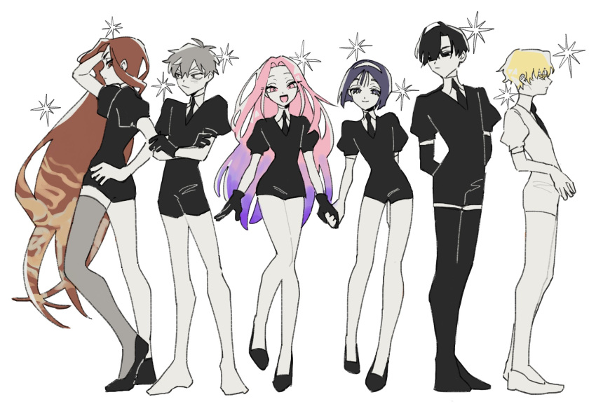 3boys 3girls alien_stage black_eyes black_footwear black_gloves black_hair black_necktie black_shirt black_thighhighs blonde_hair blue_hair brown_eyes collared_shirt full_body gem_uniform_(houseki_no_kuni) gloves grey_background grey_hair highres holding_hands houseki_no_kuni hyuna_(alien_stage) itokin0 ivan_(alien_stage) luka_(alien_stage) mizi_(alien_stage) multicolored_hair multiple_boys multiple_girls necktie pink_eyes pink_hair puffy_short_sleeves puffy_sleeves purple_hair red_eyes red_hair shirt short_sleeves shorts simple_background sua_(alien_stage) thighhighs till_(alien_stage) white_footwear white_gloves white_shirt white_shorts yellow_eyes