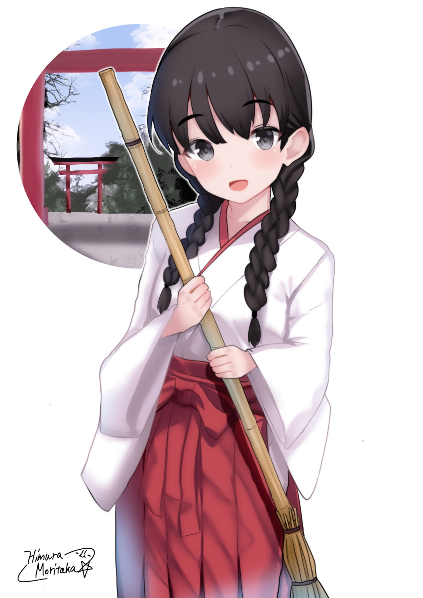 1girl absurdres alternate_costume bamboo_broom black_hair braid broom grey_eyes hakama highres himura_moritaka holding holding_broom japanese_clothes kantai_collection kimono landing_ship_no._101_(kancolle) long_hair looking_at_viewer miko open_mouth red_hakama solo torii twin_braids white_kimono wide_sleeves