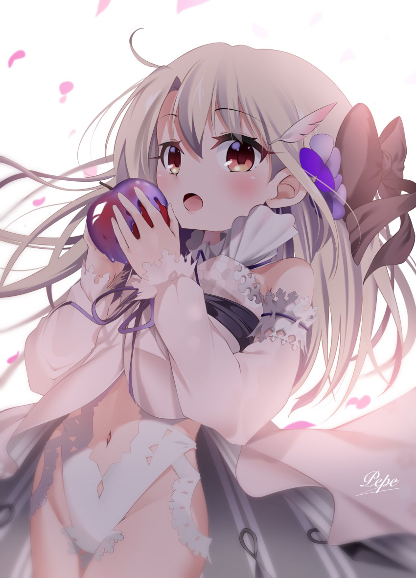 1girl apple bare_shoulders blush breasts center_opening cosplay dress fate/grand_order fate/kaleid_liner_prisma_illya fate_(series) food fruit hassan_of_serenity_(fate) hassan_of_serenity_(fate)_(cosplay) hassan_of_serenity_(lostroom_outfit)_(fate) highleg highleg_leotard highres illyasviel_von_einzbern leotard long_hair long_sleeves looking_at_viewer navel open_mouth pei_iriya poison_apple red_eyes sidelocks small_breasts solo white_dress white_hair white_leotard