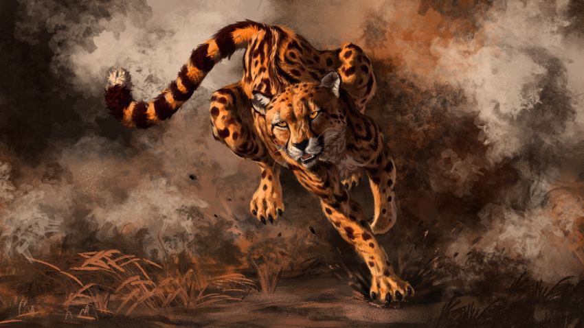 a_inc ambiguous_gender cheetah detailed digital_drawing_(artwork) digital_media_(artwork) dust_cloud eye_scar facial_scar felid feline feral fur grass hi_res king_cheetah male mammal nature nature_background notched_ear plant quigley running scar solo spots spotted_body spotted_fur wallpaper yellow_eyes