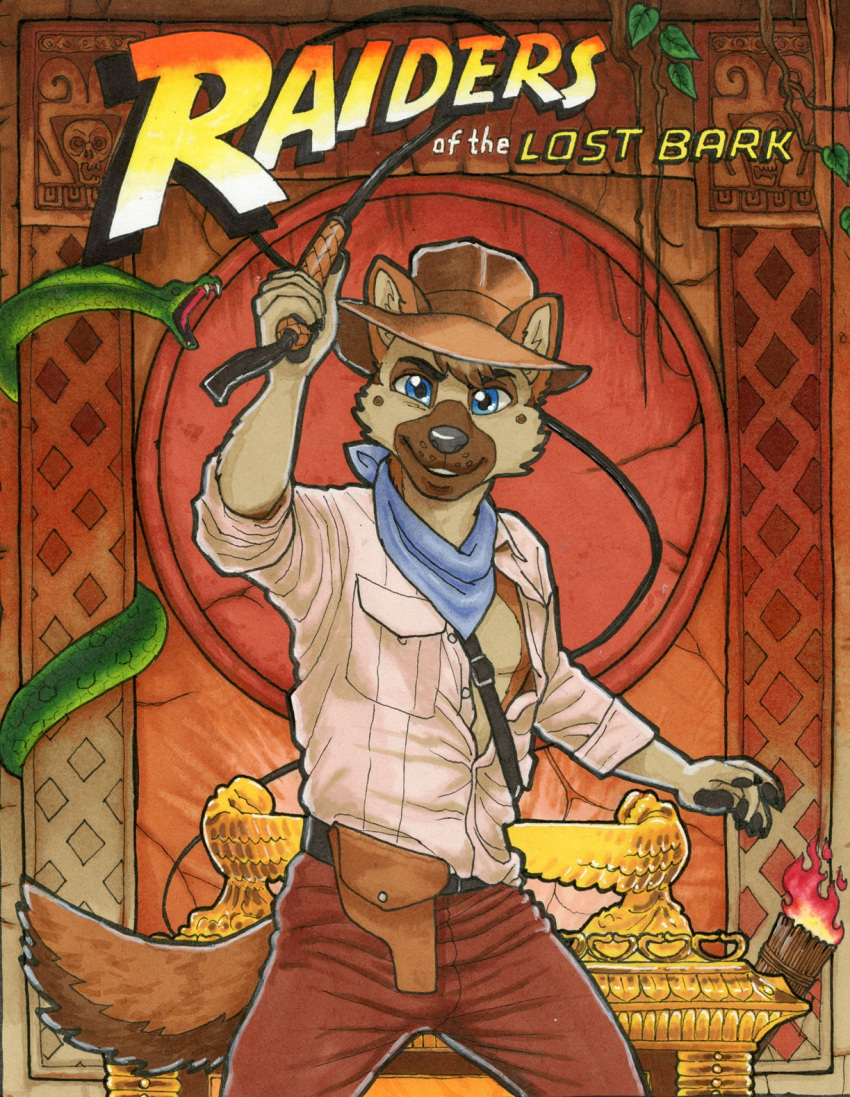 anthro blue_eyes brown_body brown_fur canid canine canis clothed clothing cowboy_hat domestic_dog fur german_shepherd hat headgear headwear herding_dog hi_res indiana_jones_(franchise) male mammal movie_poster parody pastoral_dog raiders_of_the_lost_ark scarf solo toxstar whip