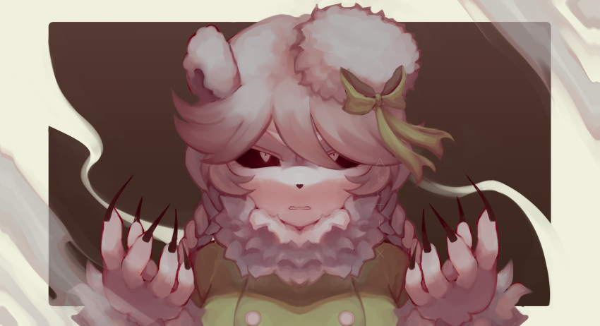 1girl absurdres akutrux angry animal_ears animal_hands animal_nose bear bear_ears bear_girl bear_paws black_background black_sclera border bow claws coat colored_sclera funamusea fur_coat fur_hat furry green_bow green_coat hair_between_eyes hat highres ice_scream polar_bear rocma_(ice_scream) solo teeth white_border white_eyes white_hair