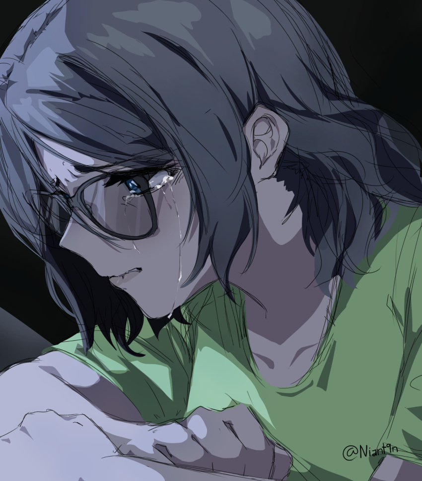 1girl black_background blue_eyes crossed_arms crying crying_with_eyes_open from_side glasses green_shirt highres love_live! love_live!_sunshine!! niant9n shirt short_hair simple_background sketch solo tears watanabe_you
