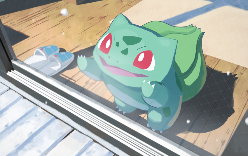 absurdres against_glass asteroid_ill bulbasaur creature glass_door highres looking_outside no_humans open_mouth pokemon pokemon_(creature) red_eyes rug shadow slippers snow snowing solo winter